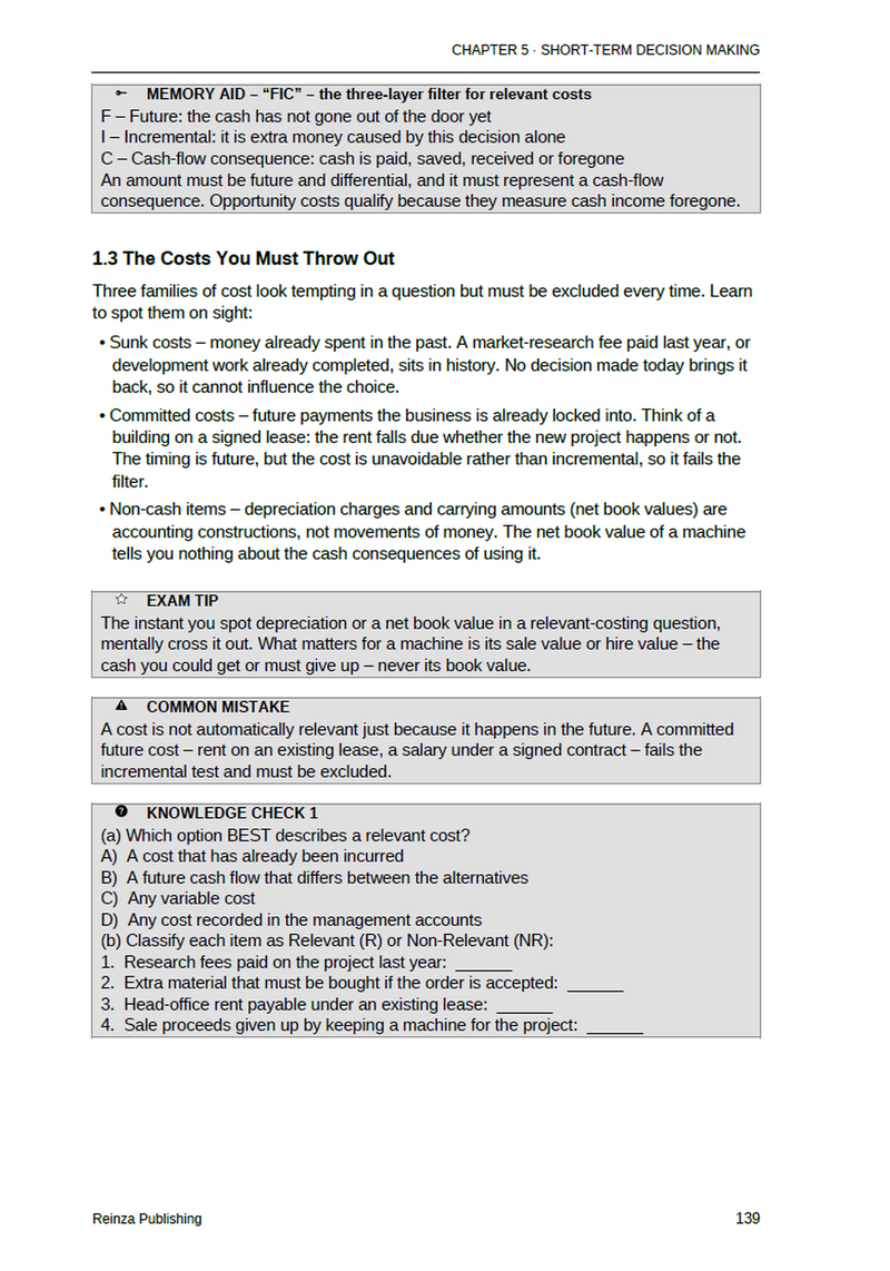 Page 139 showing four feature boxes on one spread: a memory aid, an exam tip, a common mistake and a knowledge check.