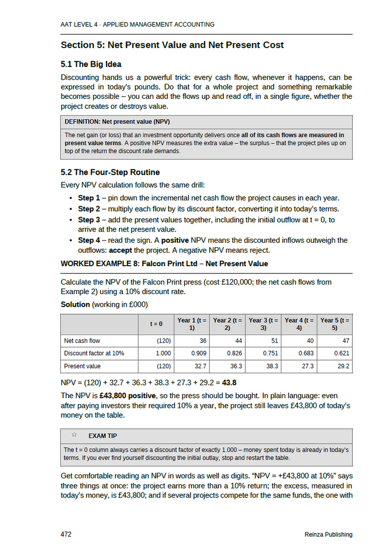 Worked Example 8, net present value: a discount table from year zero to year five, the NPV totalled to £43,800, and an exam tip on the year-zero discount factor.