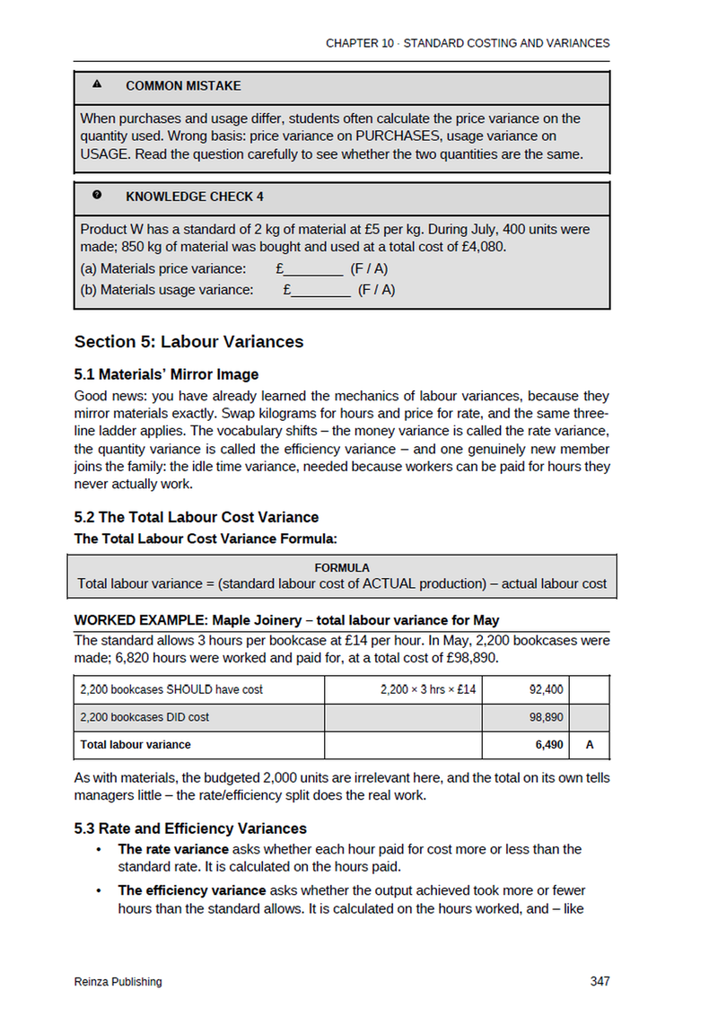 Page 347 on labour variances, showing a formula box, a worked example calculating the total labour variance, and a common mistake box.