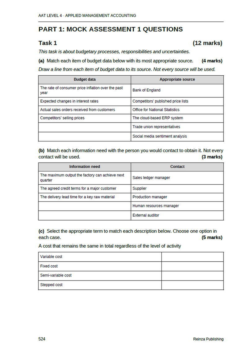 Task 1 of Mock Assessment 1, worth 12 marks, with matching tables on budget data sources and information contacts.